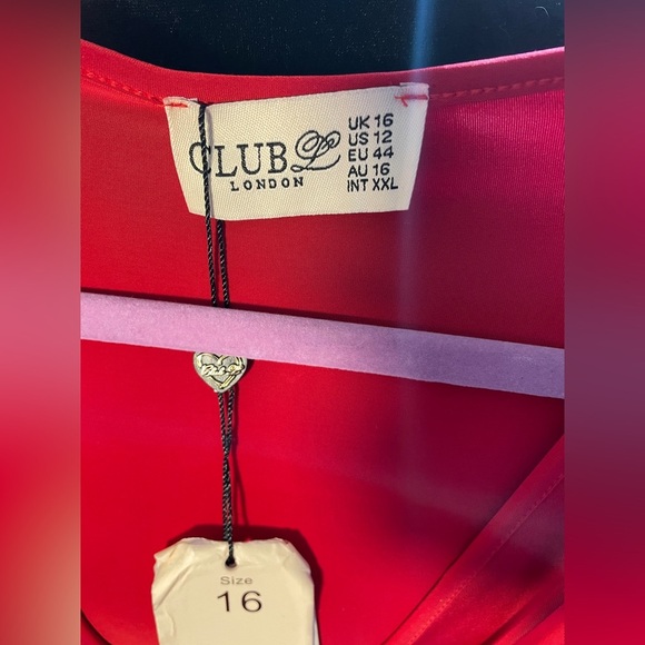 NWT CLUB L LONDON Sz 12 Red Jersey Overlay Stretch Sateen High Low Dress $130 - Picture 4 of 4